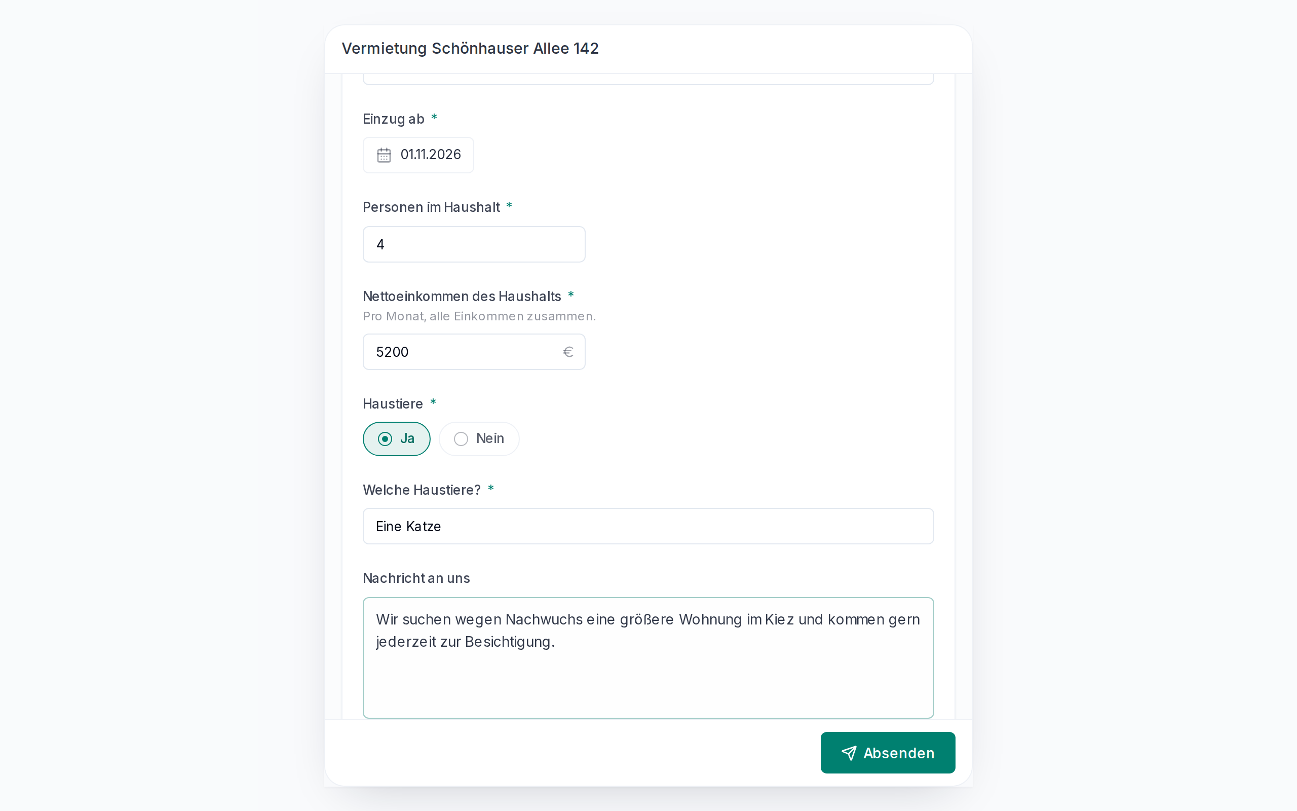 Das Startformular für eine Wohnung