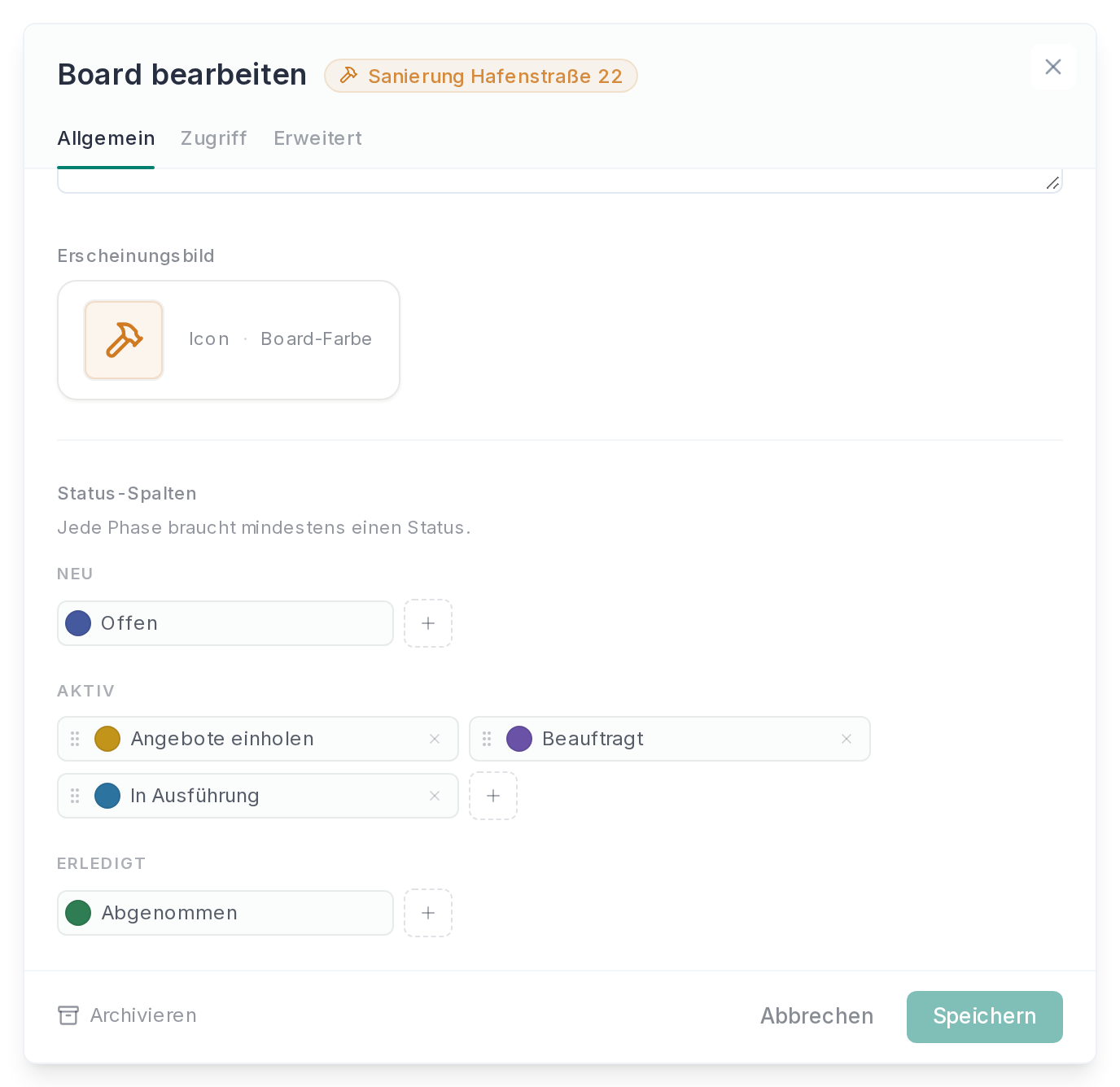Status-Spalten eines Boards