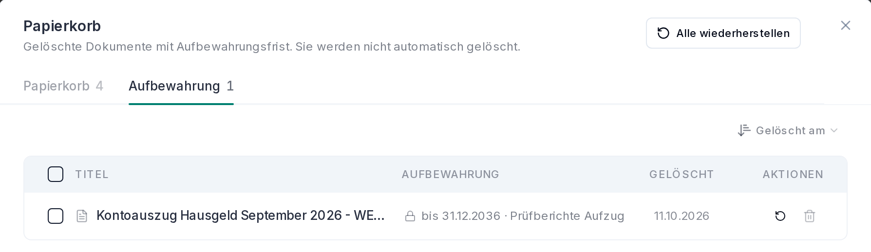 Der Reiter „Aufbewahrung“ im Papierkorb