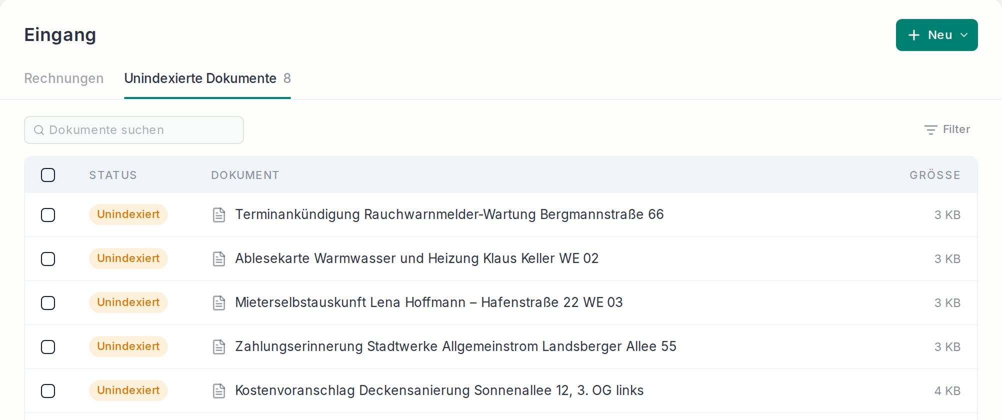 Unindexierte Dokumente im Eingang