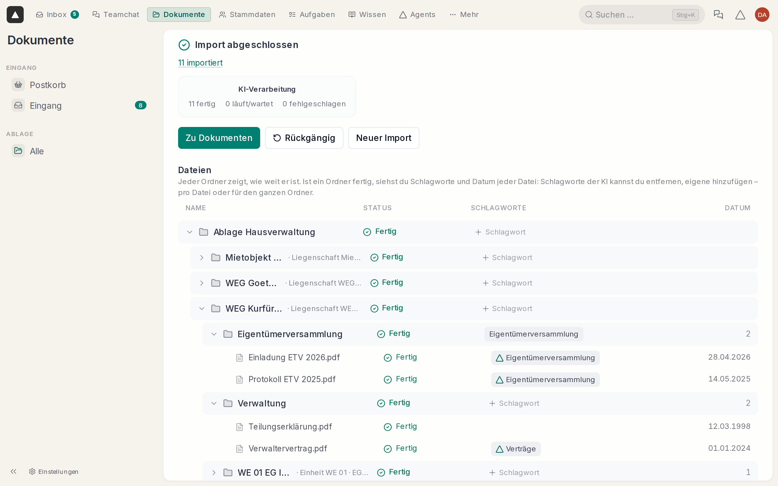 Der fertige Import mit Status und Schlagworten