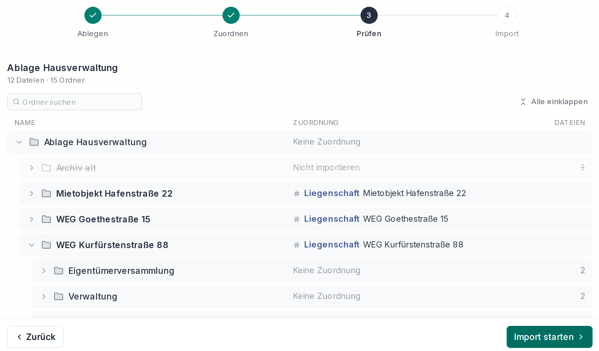 Die Ordner, verknüpft mit Liegenschaften aus den Stammdaten