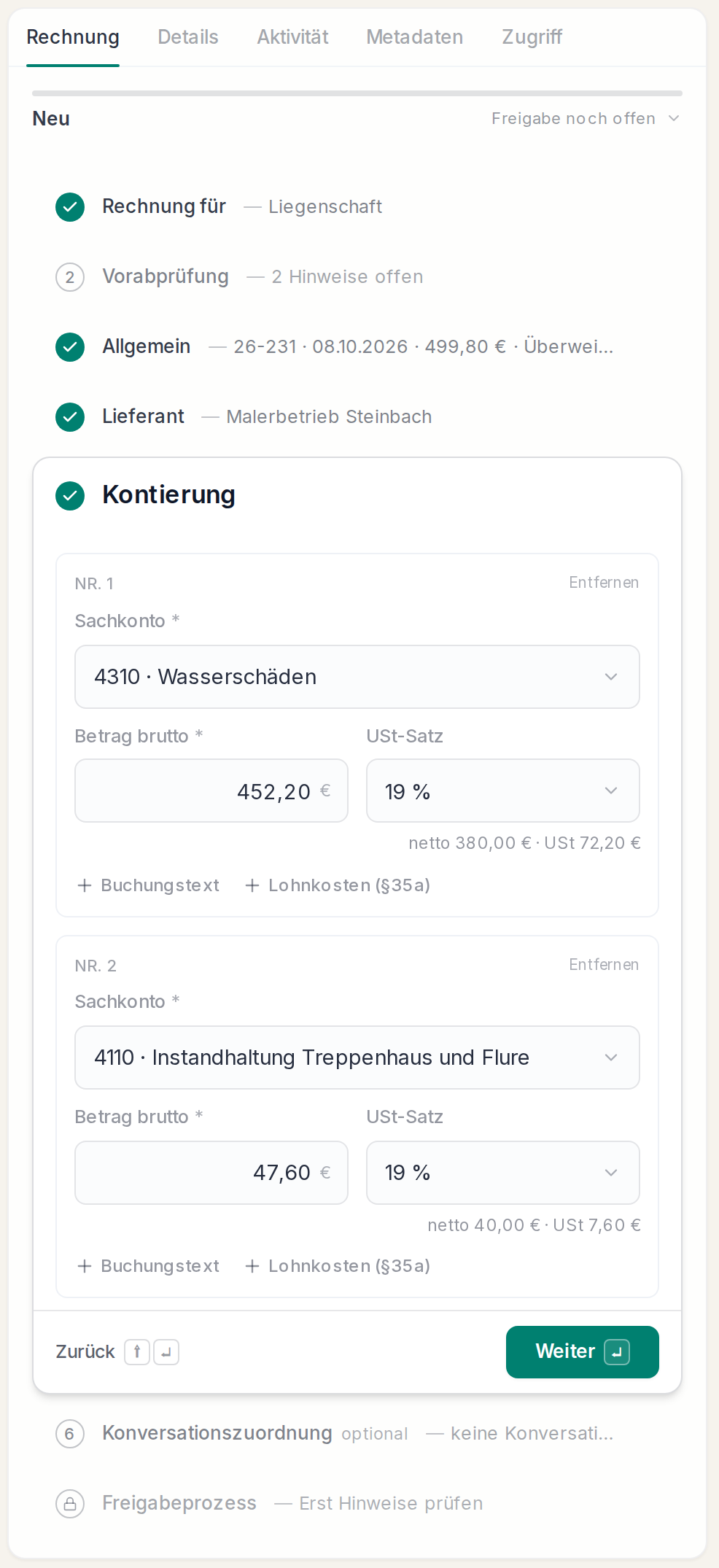 Kontierung auf zwei Sachkonten