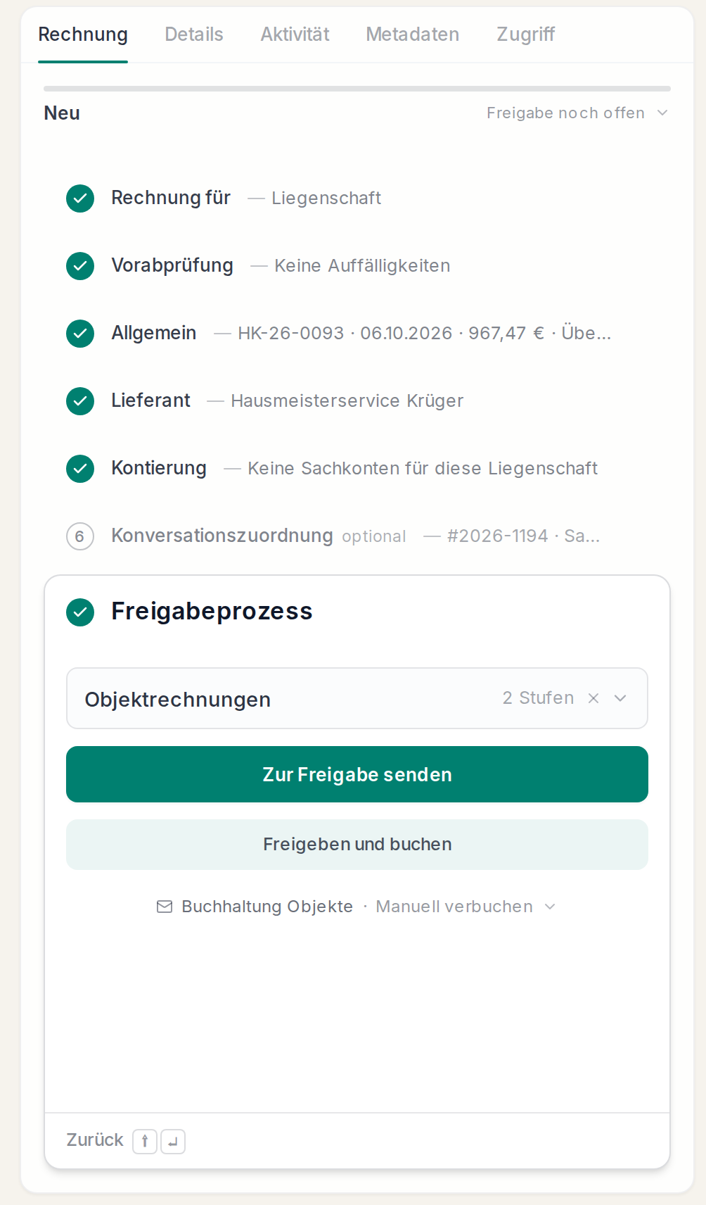 Eine Rechnung zur Freigabe schicken