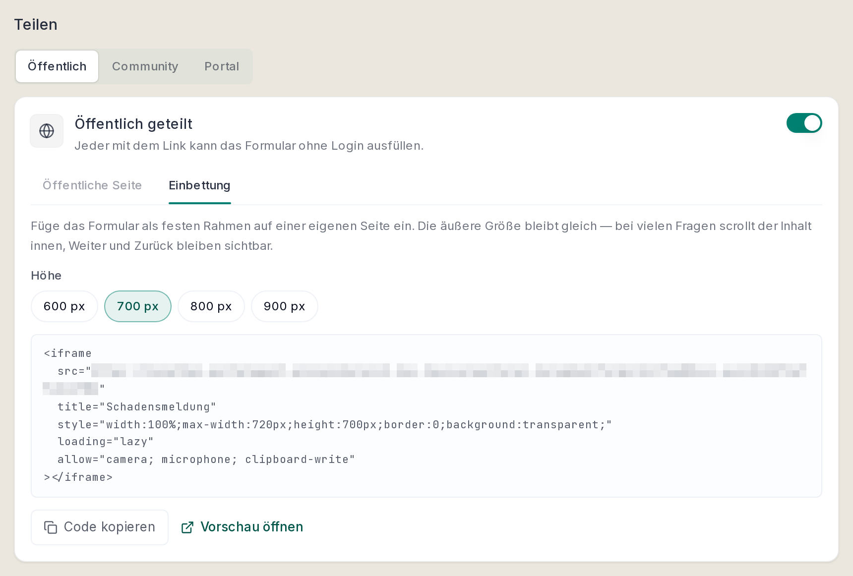 Der Code zum Einbetten