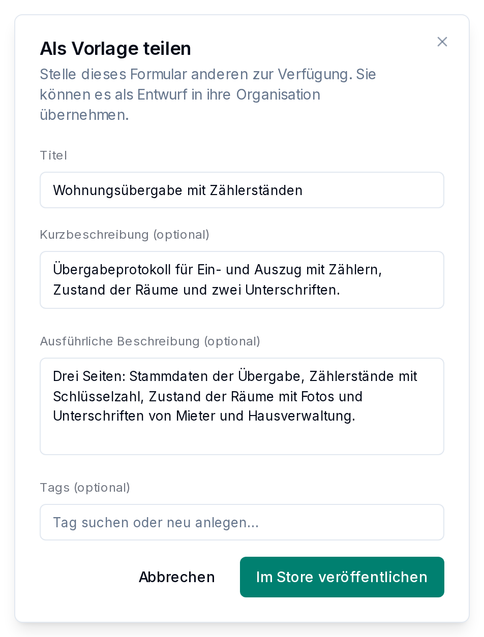 Das Fenster zum Teilen einer Vorlage