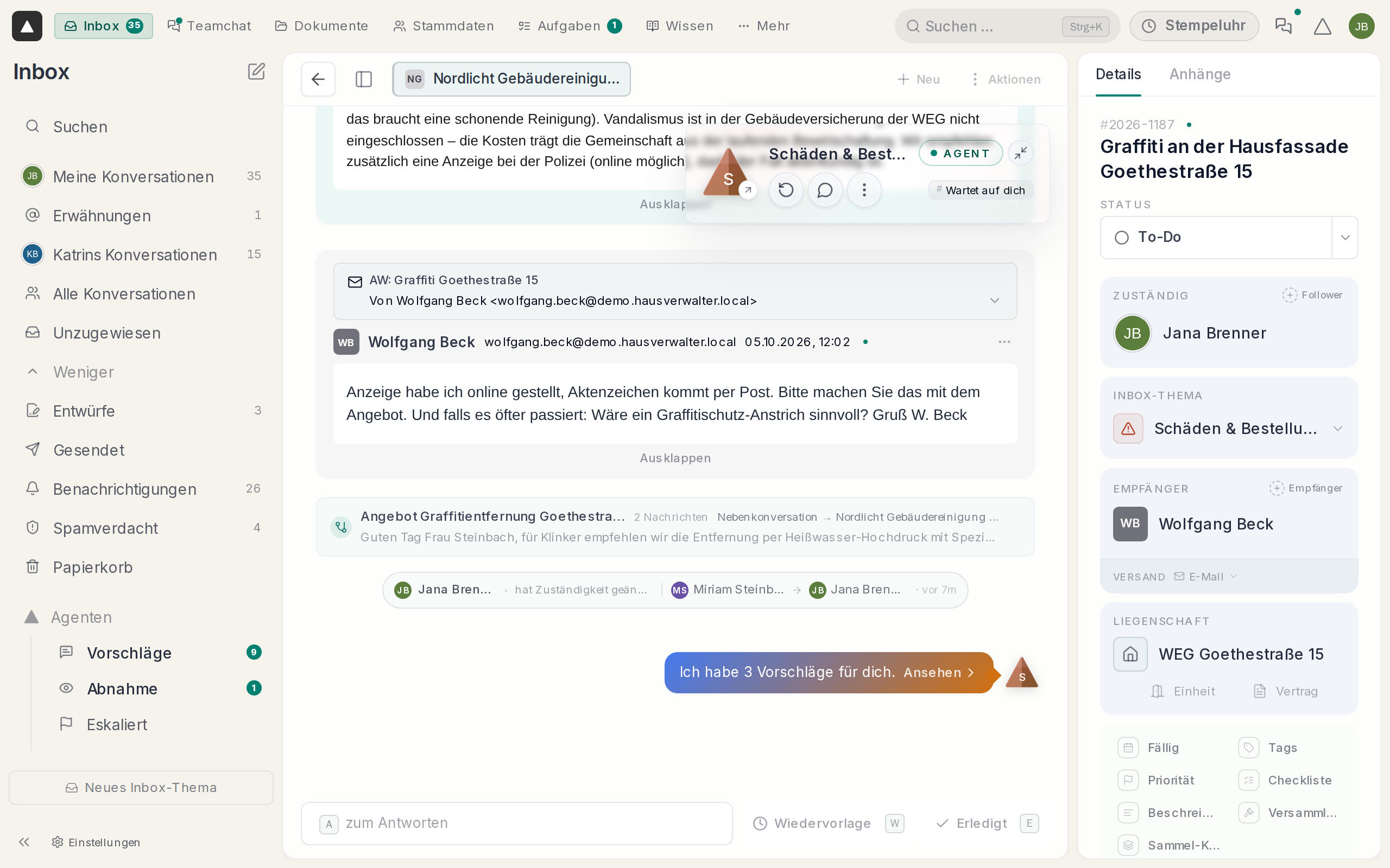Eine Konversation mit Vorschlägen des Agenten