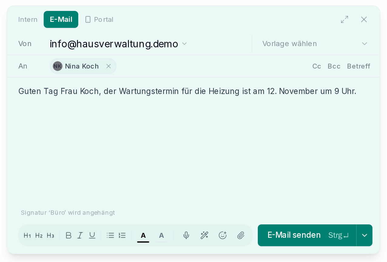 Das Antwortfeld mit Kanal und Absender