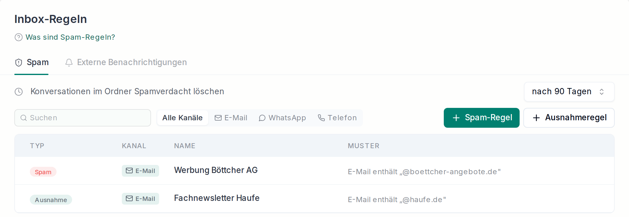 Spam-Regeln und Ausnahmen
