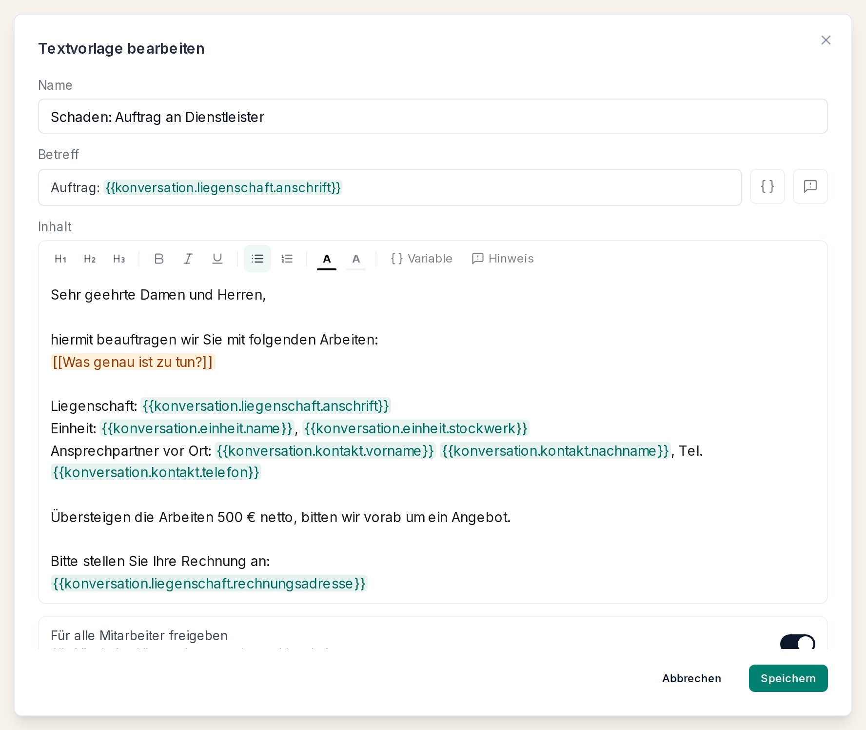 Eine Textvorlage bearbeiten