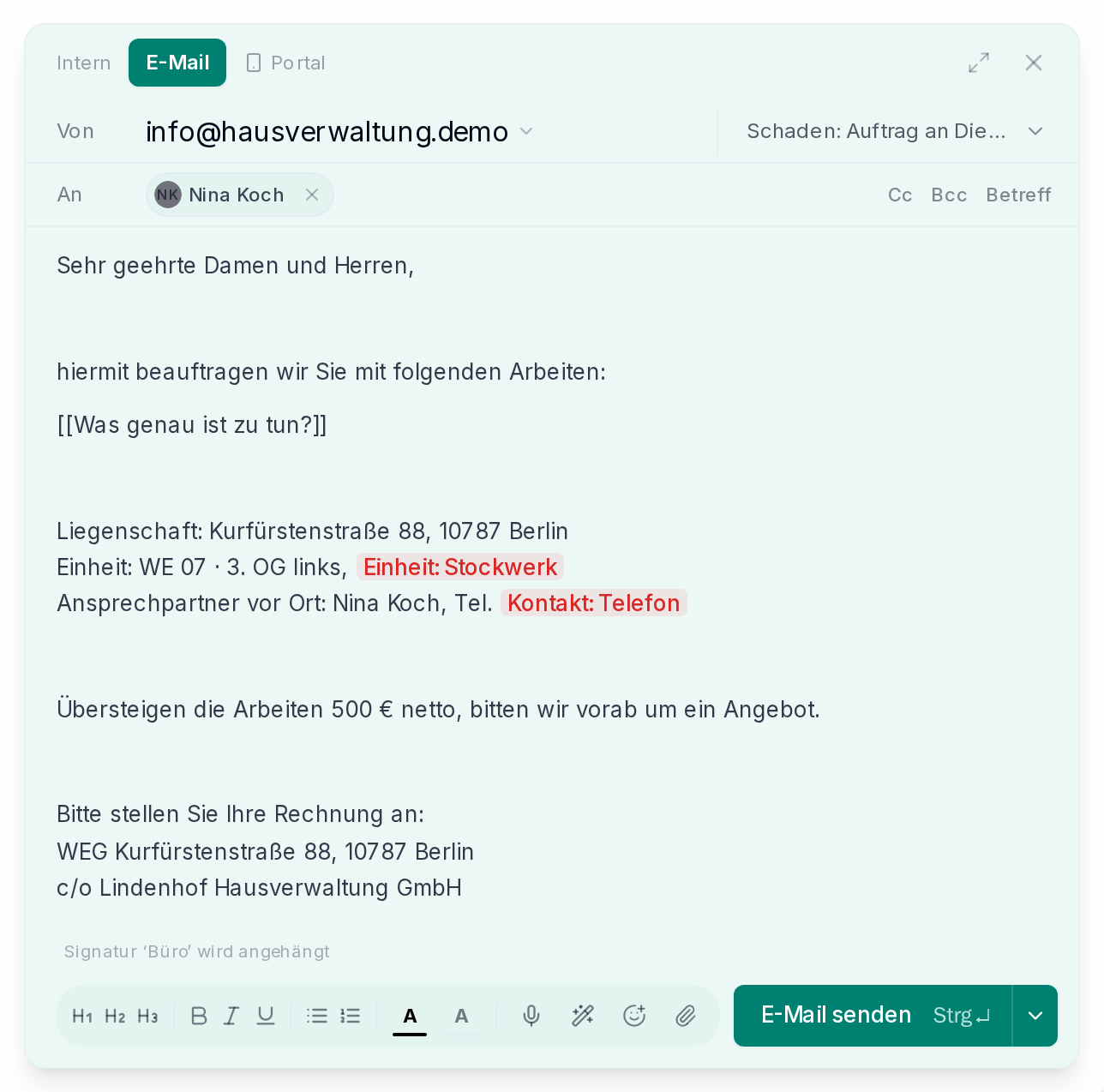 Eine Vorlage, ausgefüllt aus der Konversation