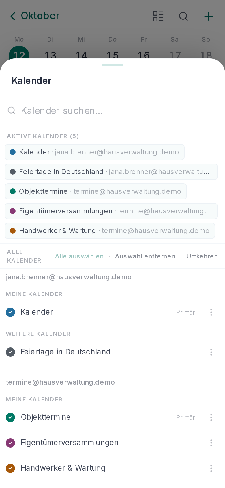 Die Kalenderauswahl auf dem Handy