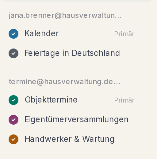 Kalender, gruppiert nach Postfach