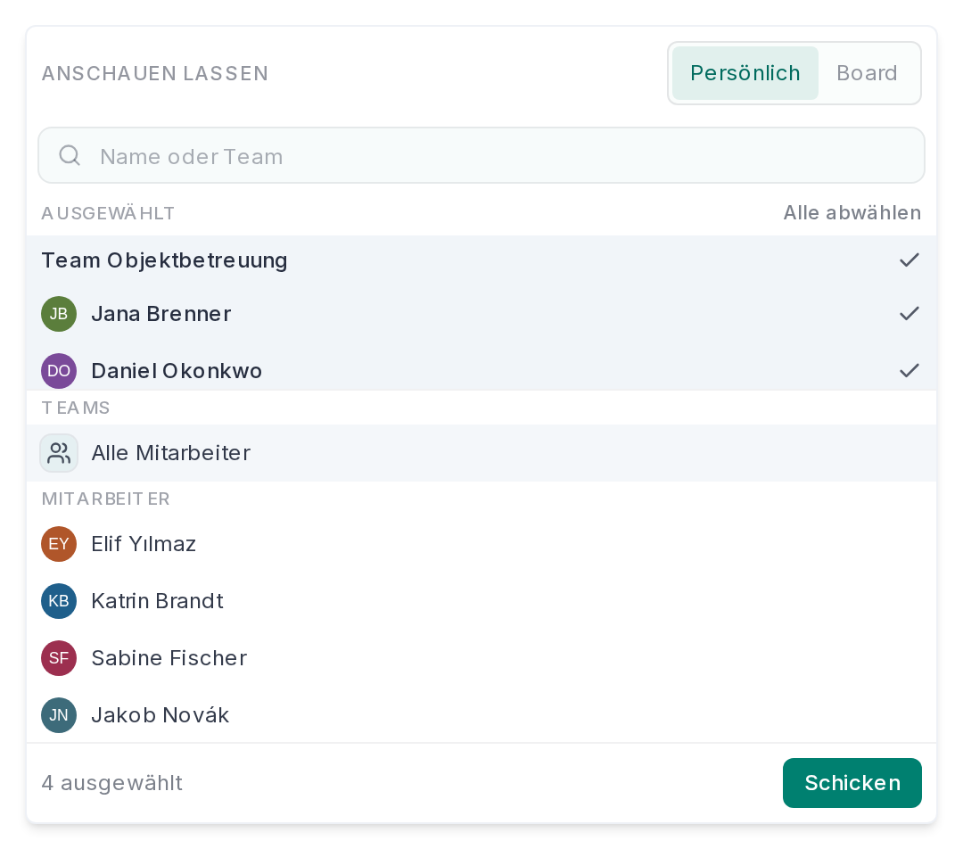 Kollegen und Teams für „Anschauen lassen“ auswählen