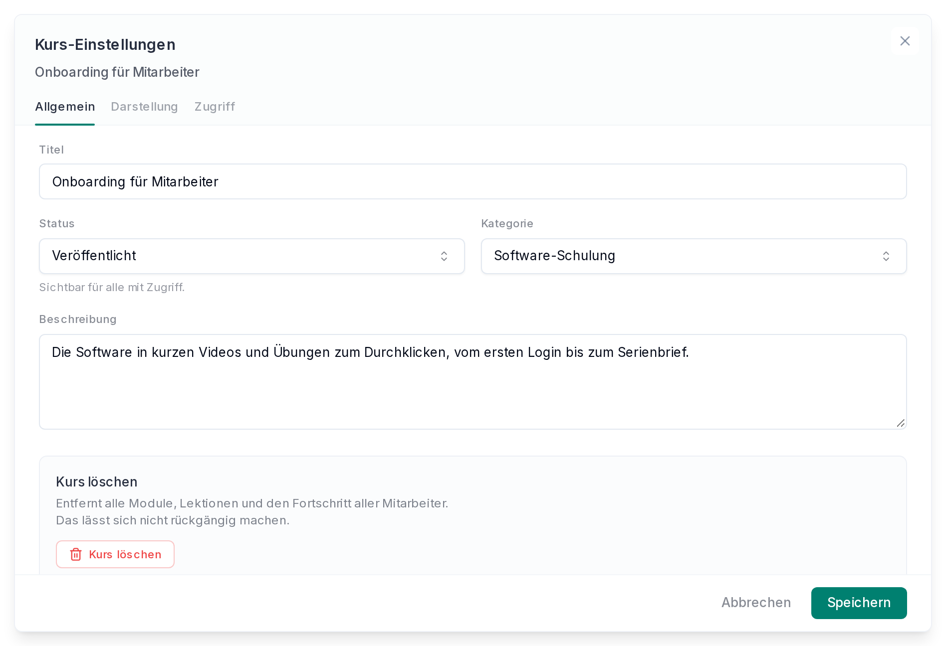 Die Kurs-Einstellungen mit Titel, Status und Kategorie