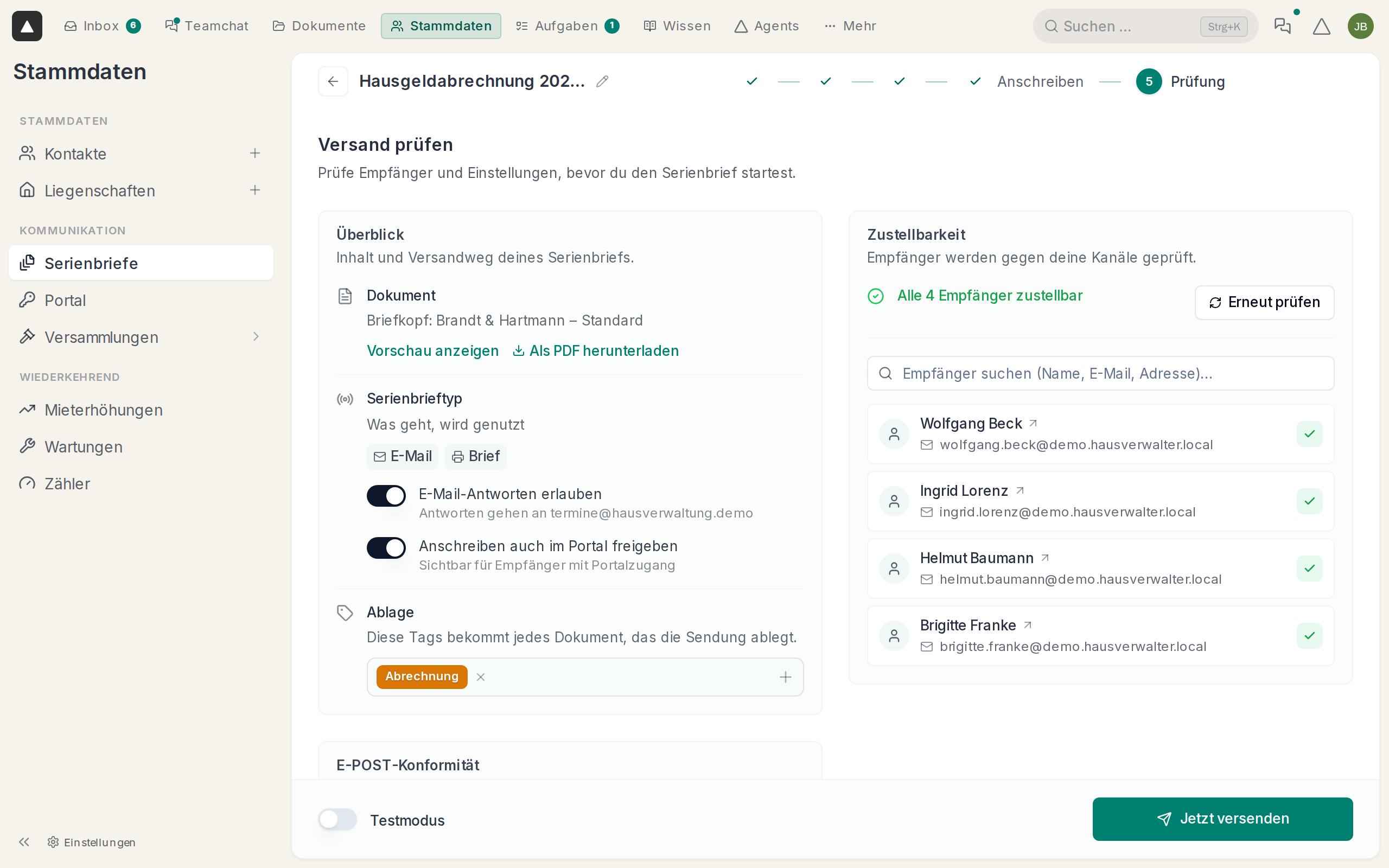 Prüfung mit Tag für die Ablage