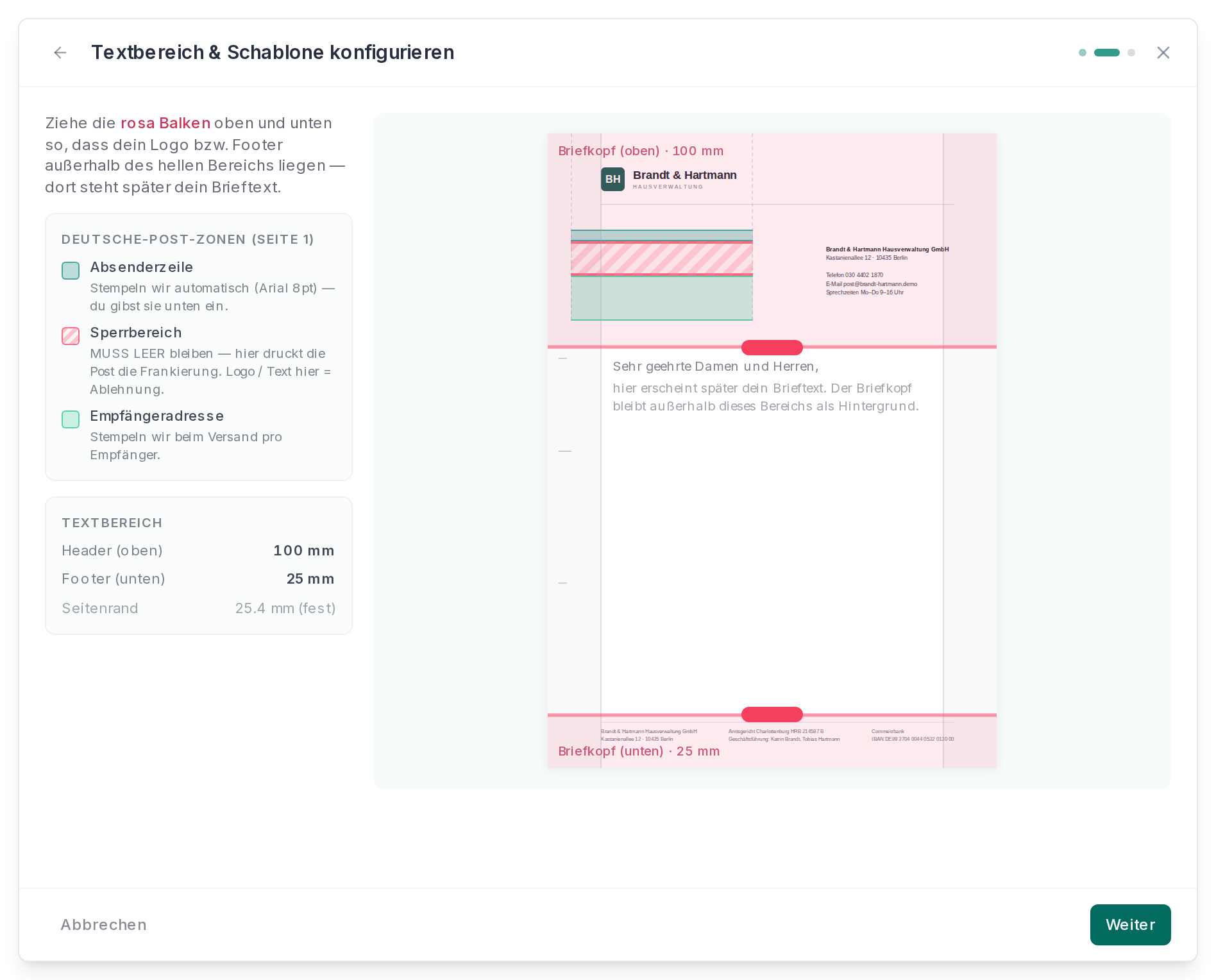 Textbereich und Zonen der Post