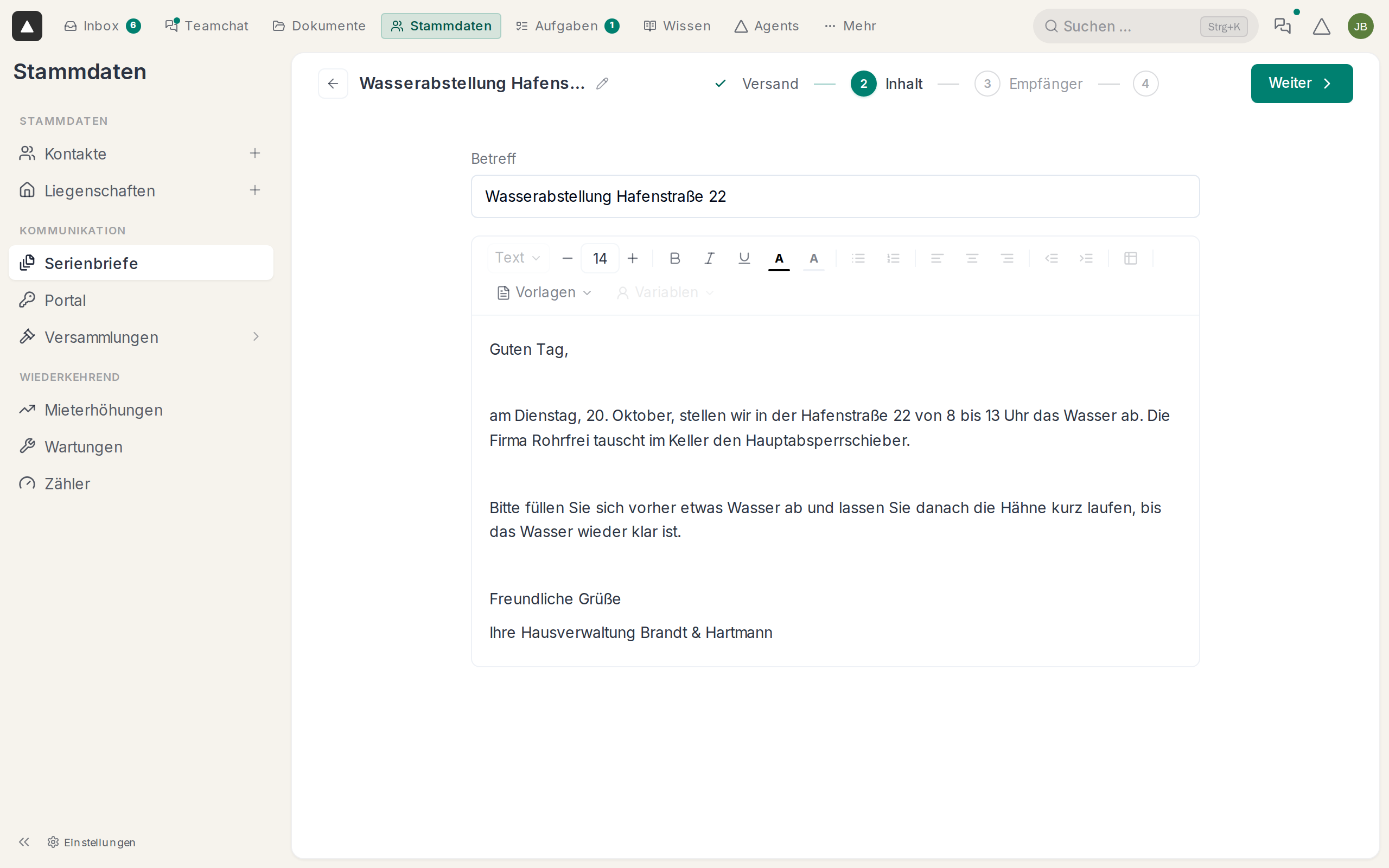 Der Text einer Wasserabstellung