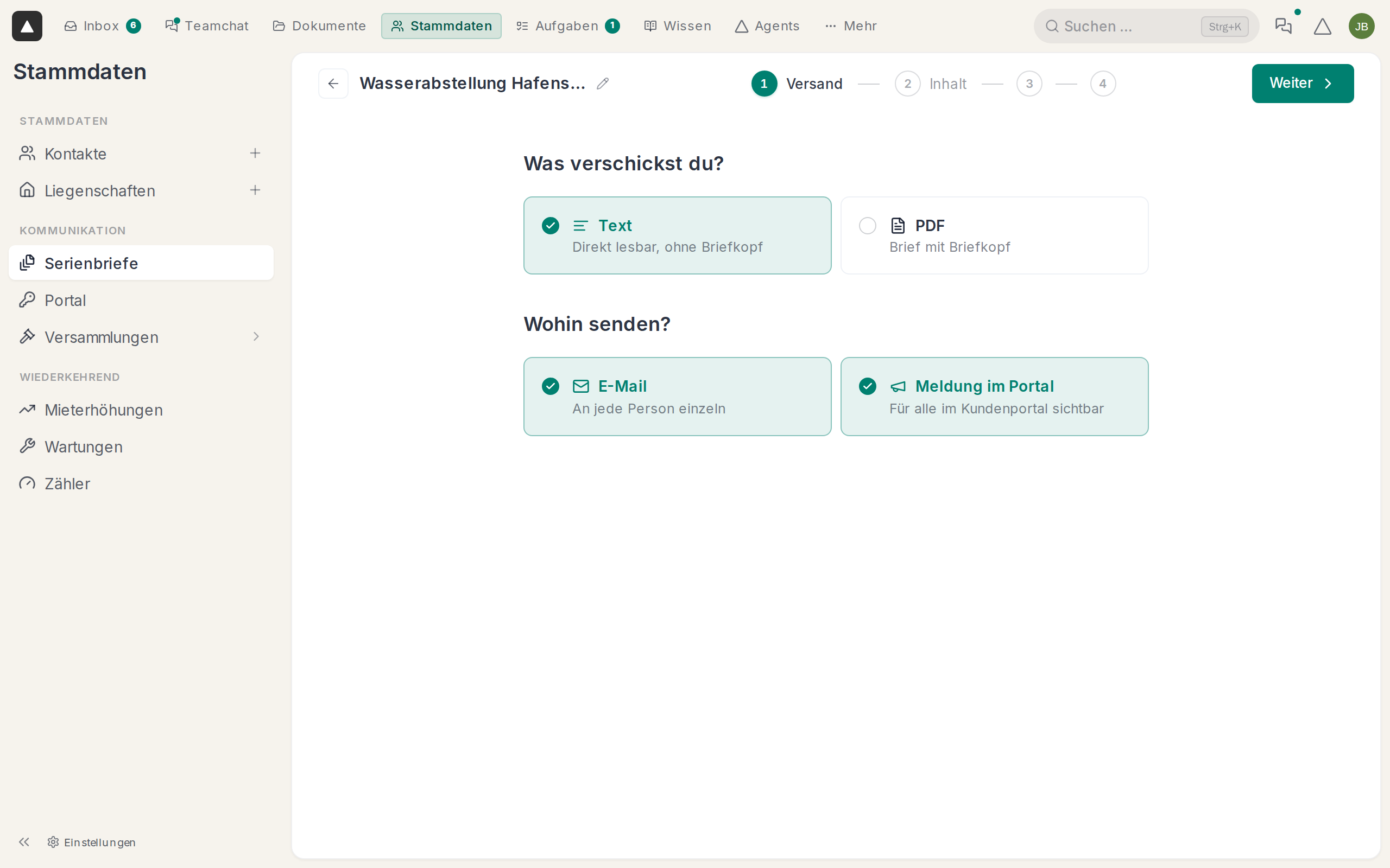 Text als E-Mail und als Meldung im Portal