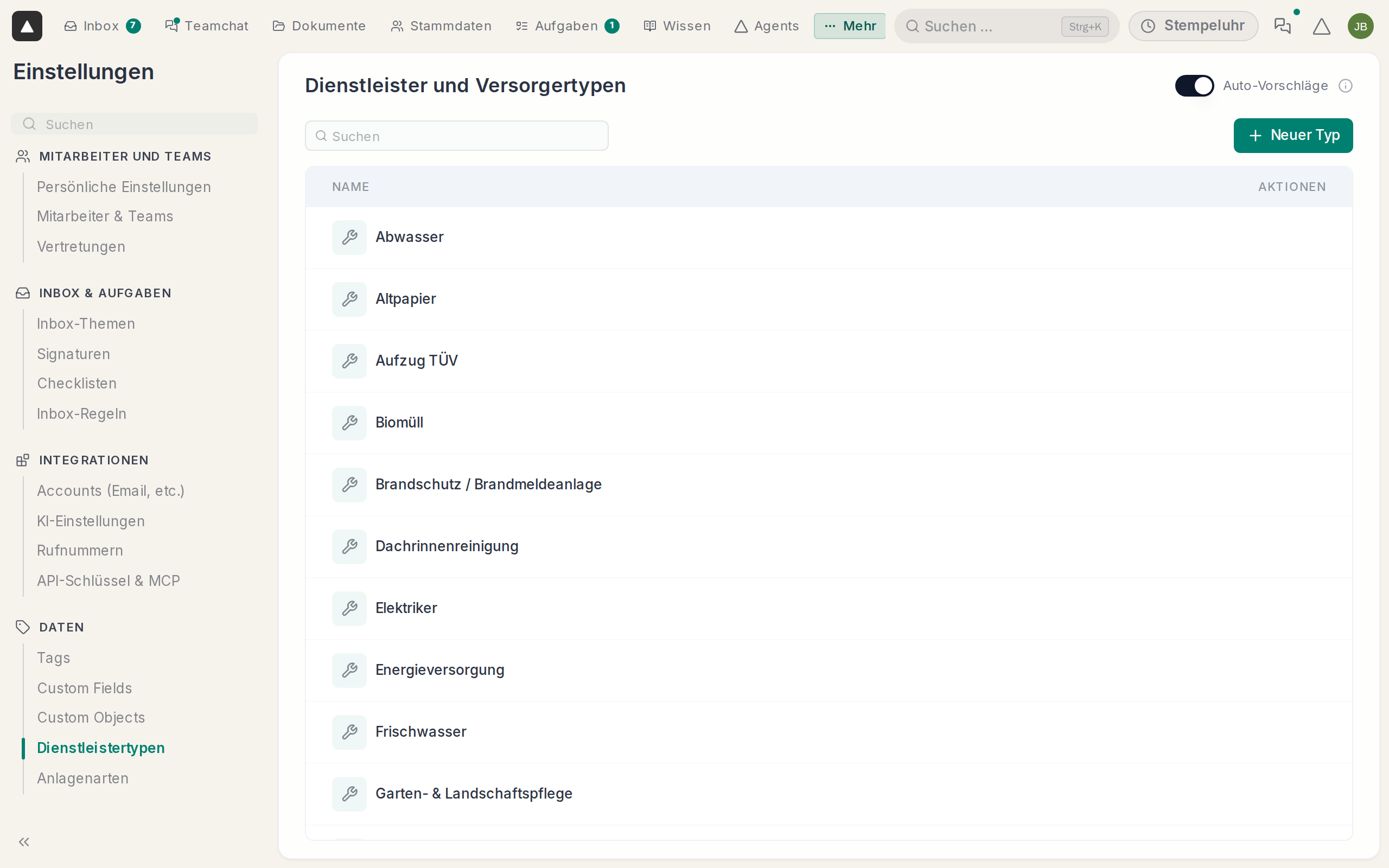 Dienstleister und Versorgertypen