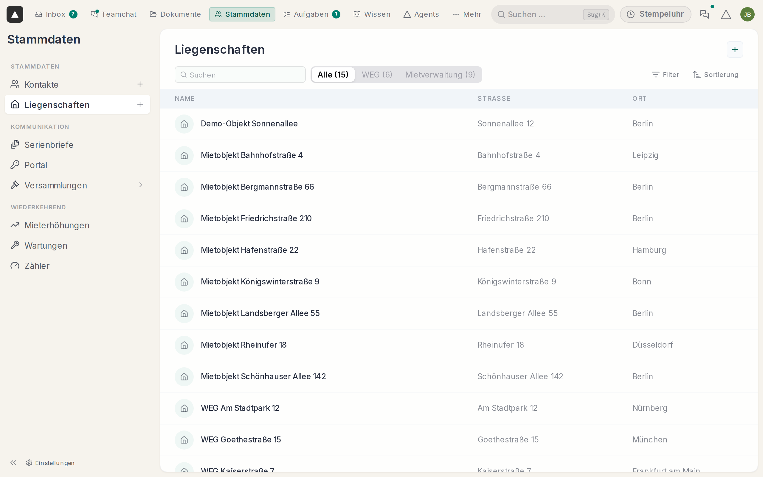 Liegenschaften in den Stammdaten