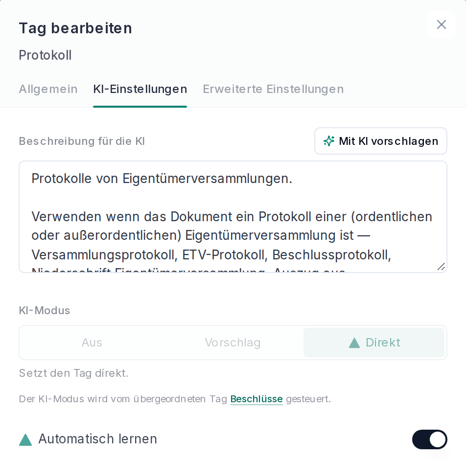 KI-Einstellungen eines Tags
