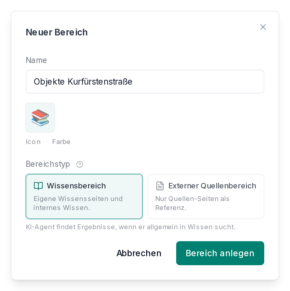 Einen neuen Bereich anlegen