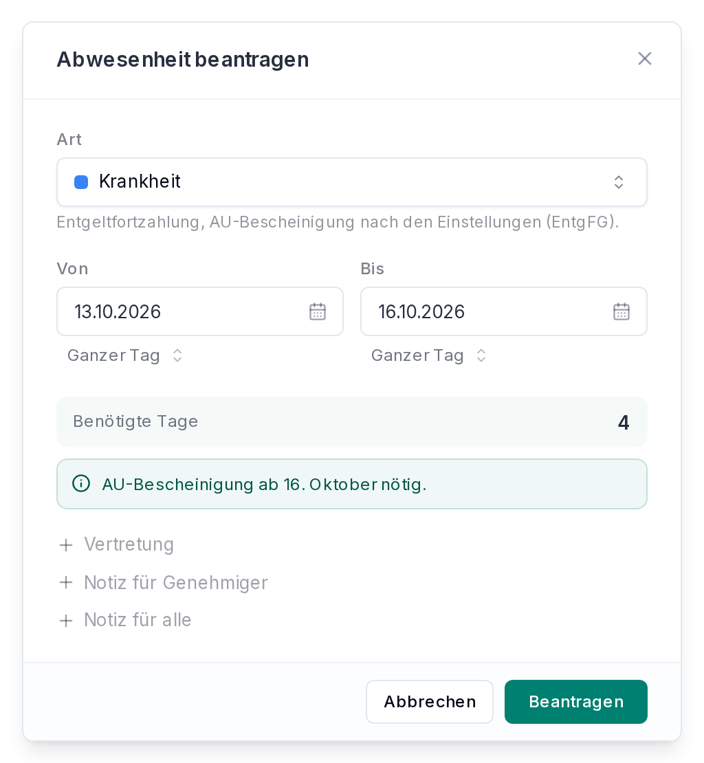 Eine Krankmeldung mit Hinweis zur AU