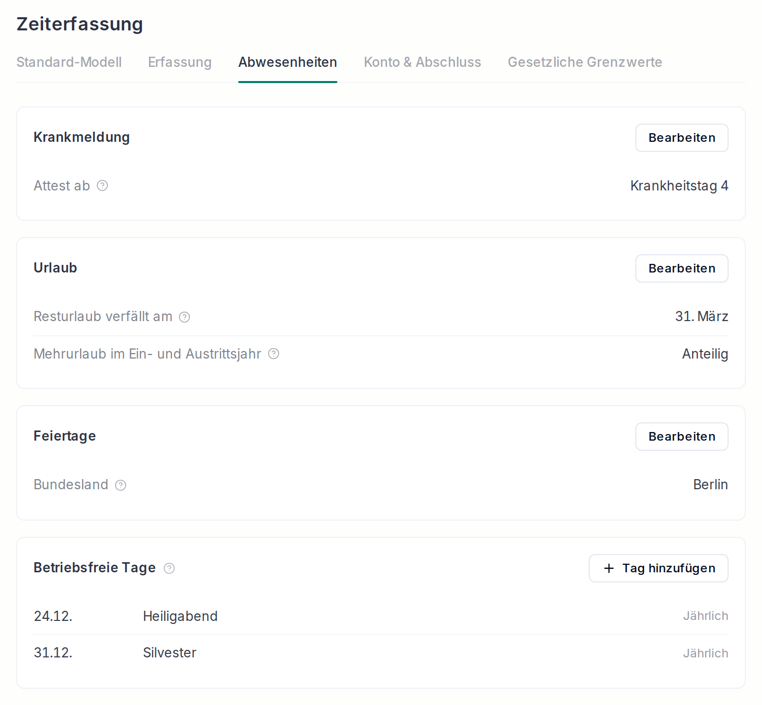 Krankmeldung, Urlaub, Feiertage und betriebsfreie Tage