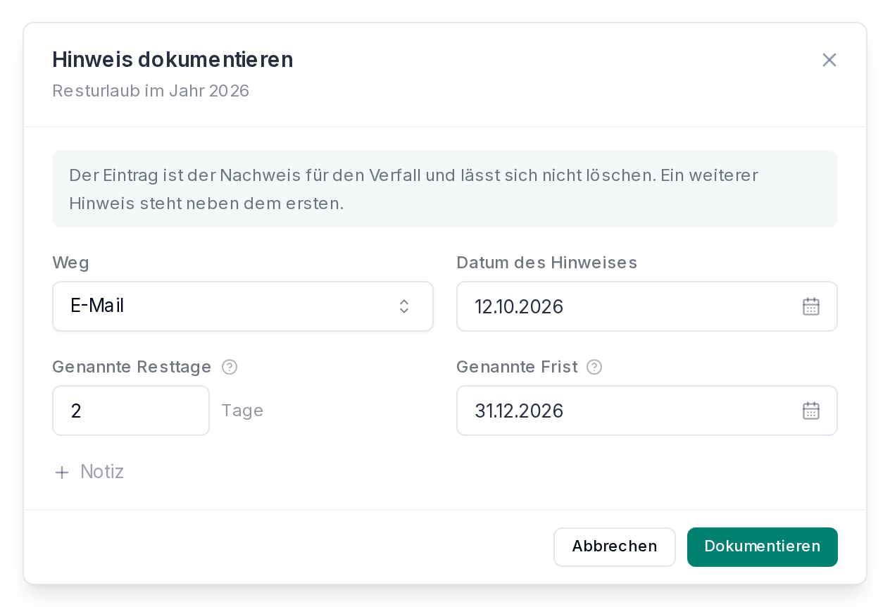 Hinweis auf Resturlaub dokumentieren