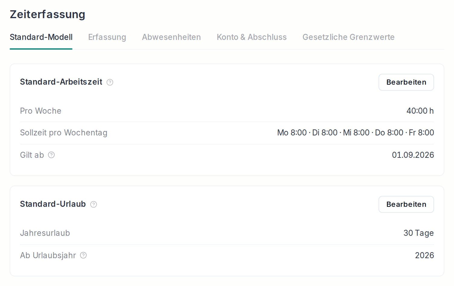 Standard-Arbeitszeit und Standard-Urlaub